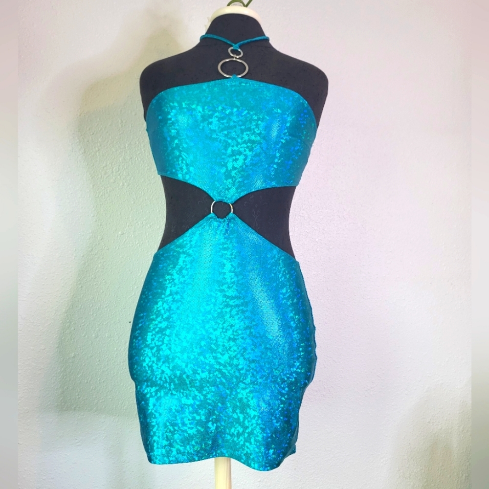 Holographic Metal O Ring Cut Out Mini Dress